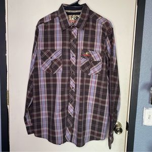 Mossy Oak Shirt Men's Large Brown Blue Plaid Long Sleeve Pearl Snap Western
